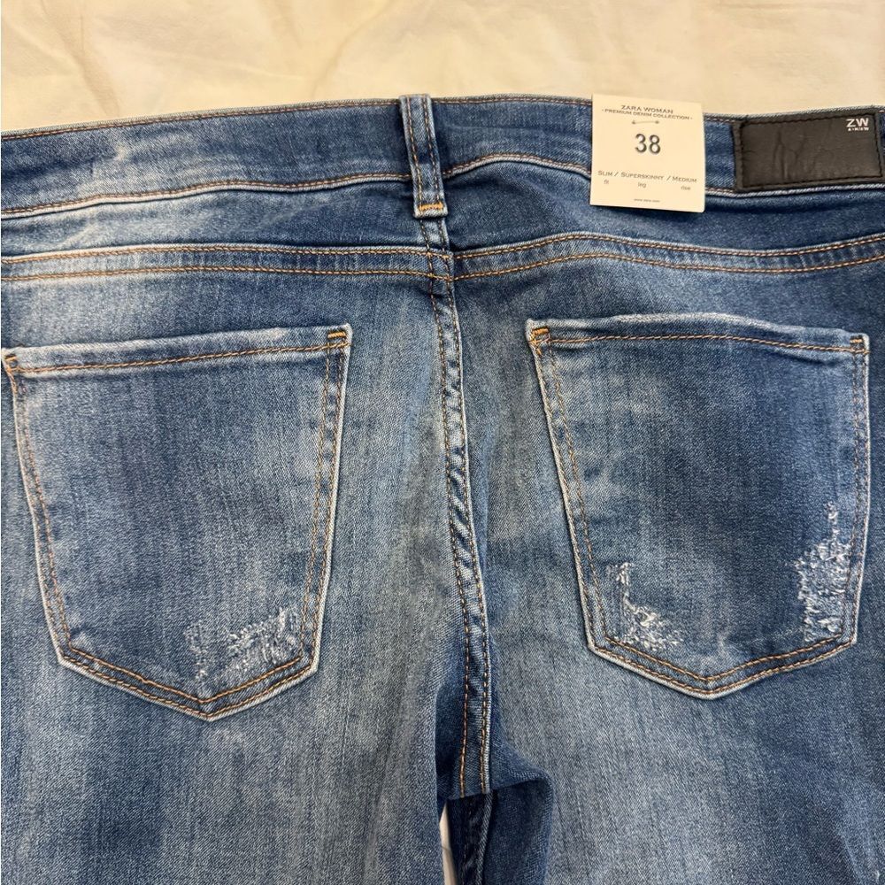 Zara Dark Blue Distressed Skinny Jeans NWT | Premium Denim Mid rise - Picture 4 of 4